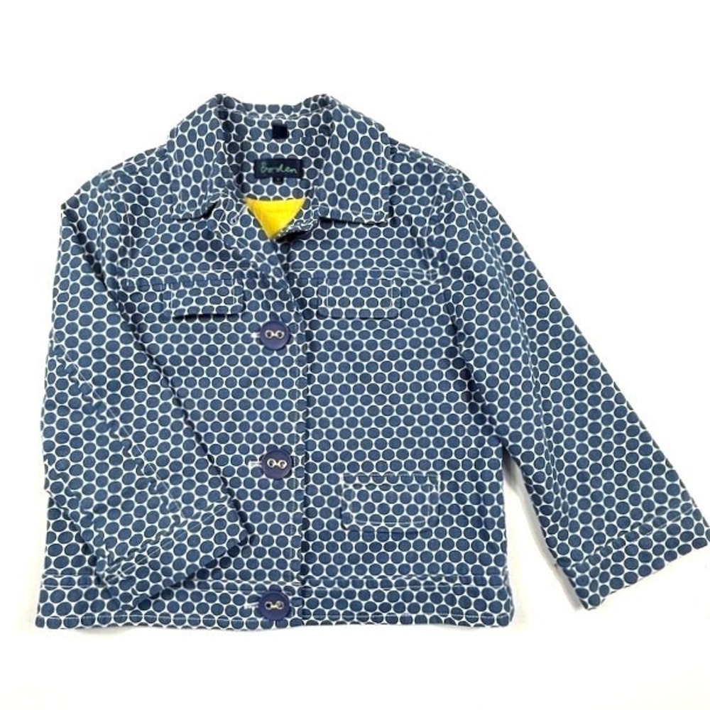 Boden Cropped Blue White Polka Dot Cotton Jacket Yellow Lining Womens Size 10 - Picture 2 of 6